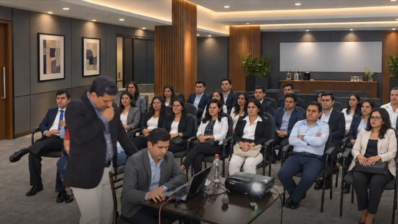 Angel Bustamante interactuando de cerca con participantes durante una capacitación